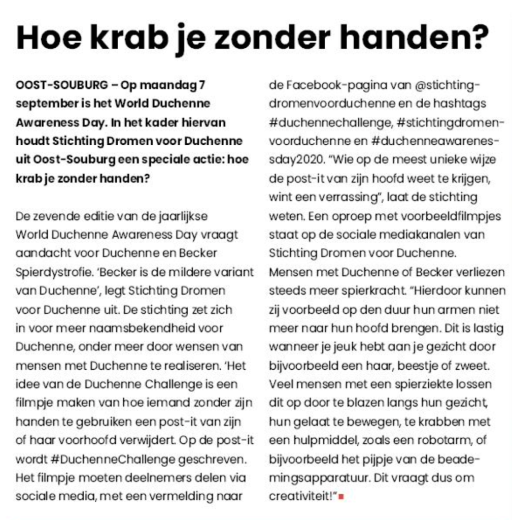 Afbeelding bevat een artikel uit de Vlissingse Bode geplaatst op 02-09-20 en gaat over de actie Duchenne Challenge.